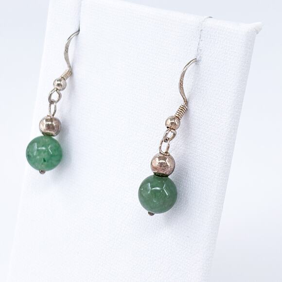 Vintage Sterling Silver 925 Green Jadeite Sphere Dangle Earrings - Picture 4 of 8